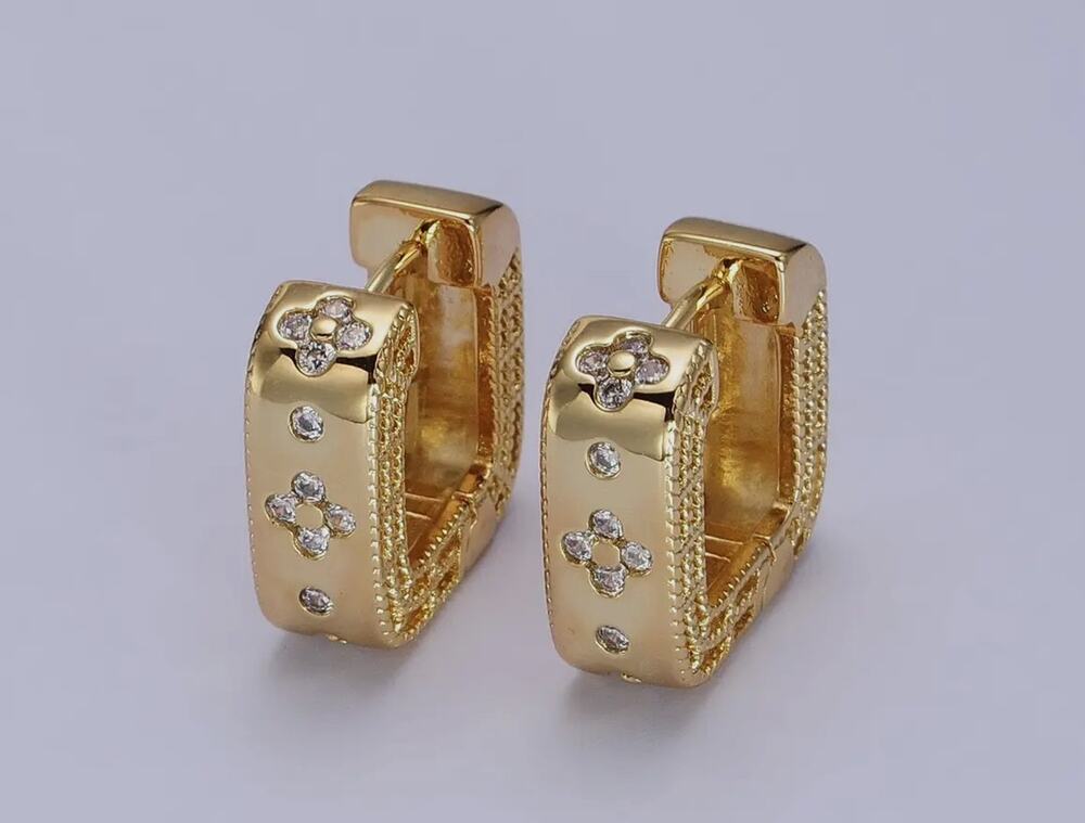 24K Gold Filled Clear Quatrefoil Cz Square Huggies Earrings